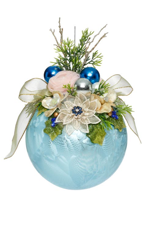 Floral Jeweled Ornament, Frosted, Light Blue