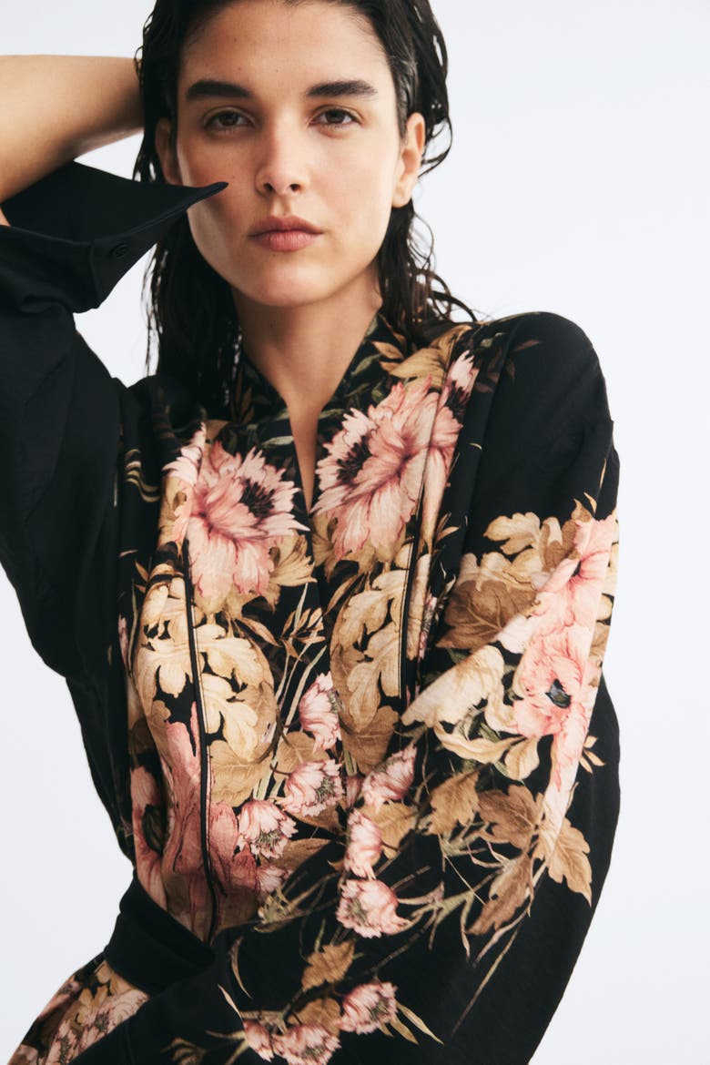 Viscose-Blend Tie-Belt Jacket, Alternate, color, Black/floral