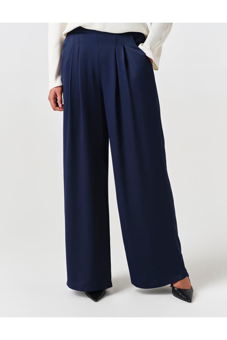 Andie Pleated Wide Leg Satin Trouser, Main, color, Navy
