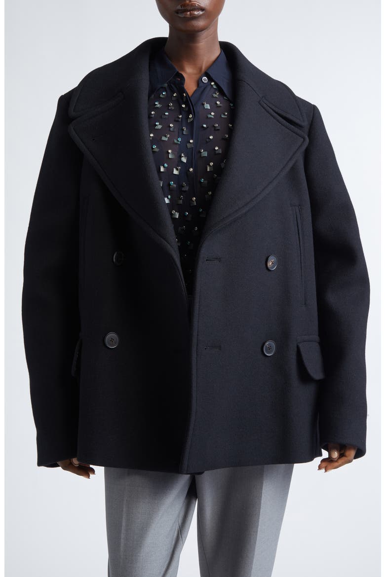 Vafel Wool Blend Twill Peacoat, Alternate, color, BLACK