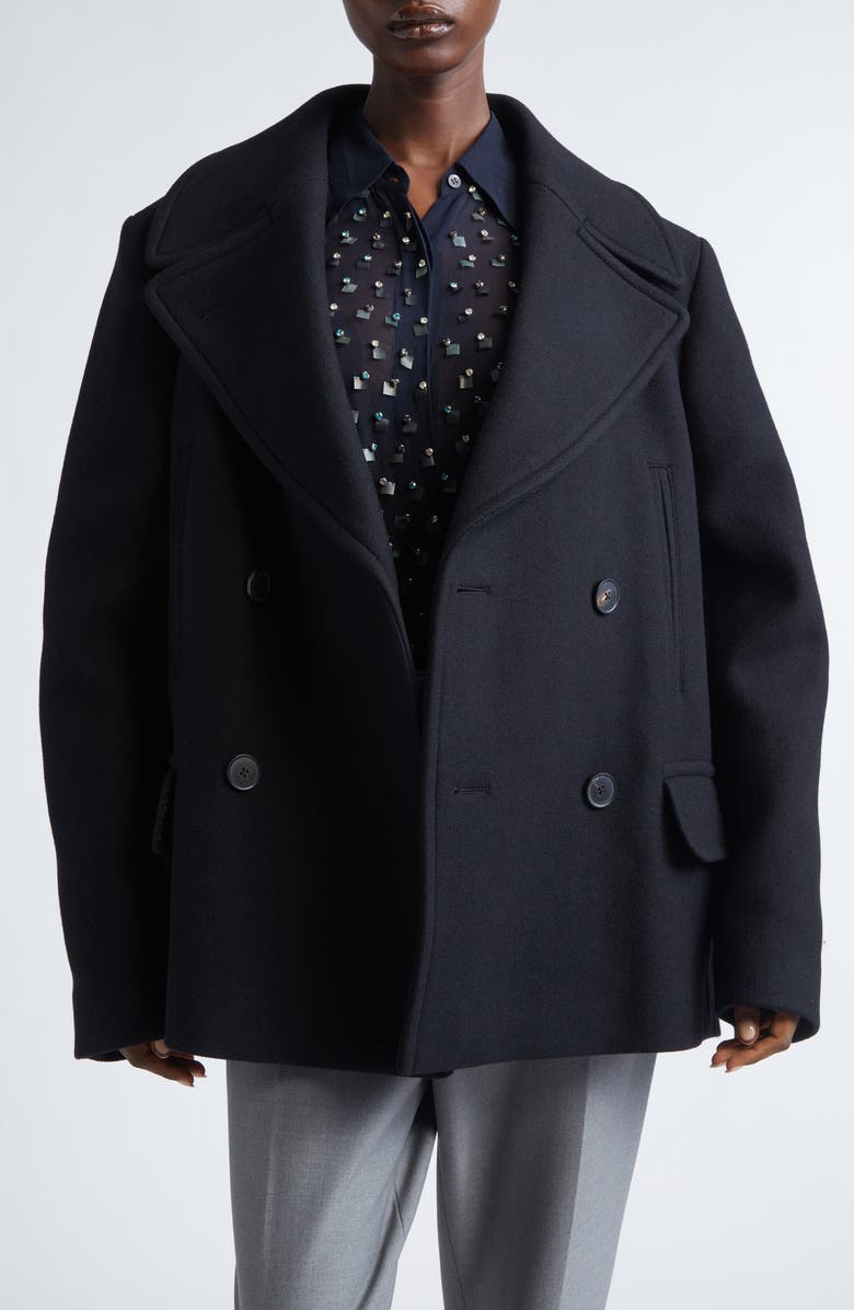 Dries Van Noten Vafel Wool Blend Twill Peacoat, Alternate, color, Black