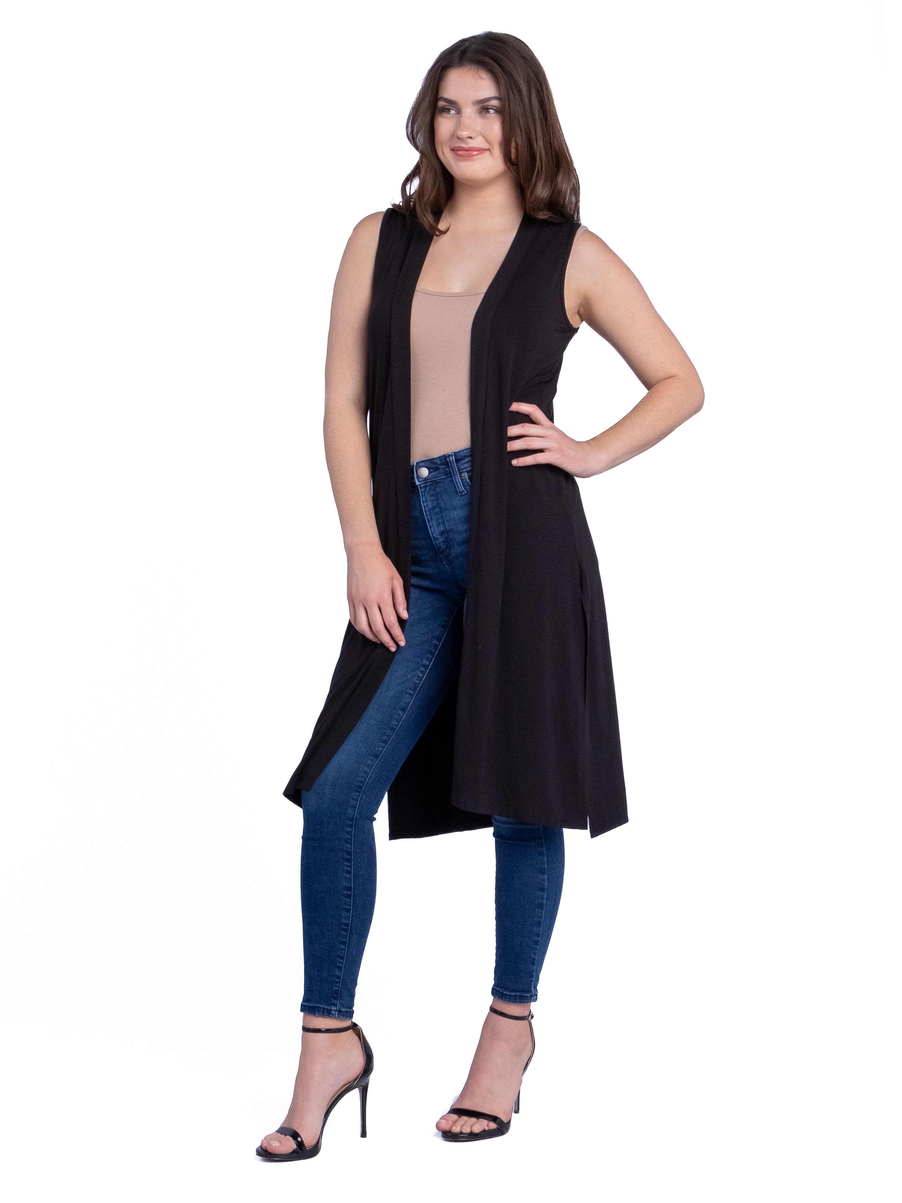 24seven Comfort Apparel Sleeveless Long Cardigan Vest with Side