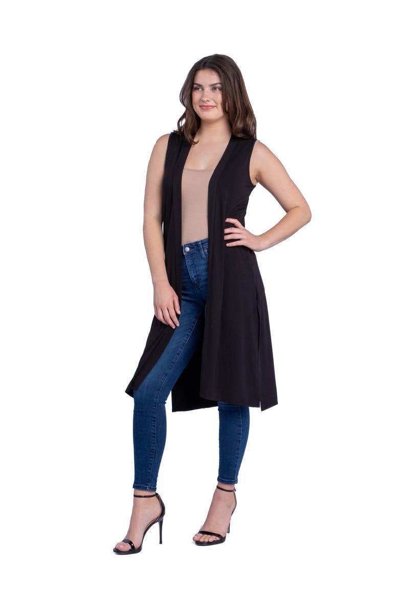 24seven Comfort Apparel Sleeveless Long Cardigan Vest with Side Slit, Alternate, color, Black