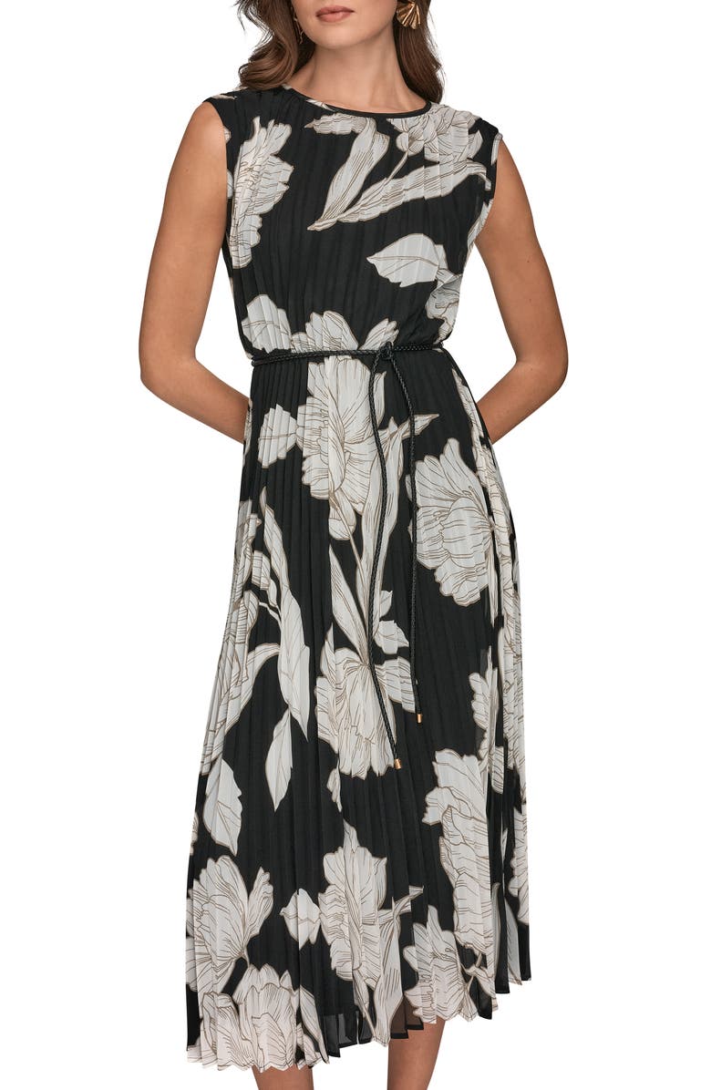 Donna Karan New York Belted Pleated Midi Dress, Alternate, color, Black/ Fawn/ Cream