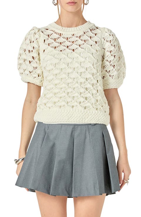 Open Stitch Puff Sleeve Sweater
