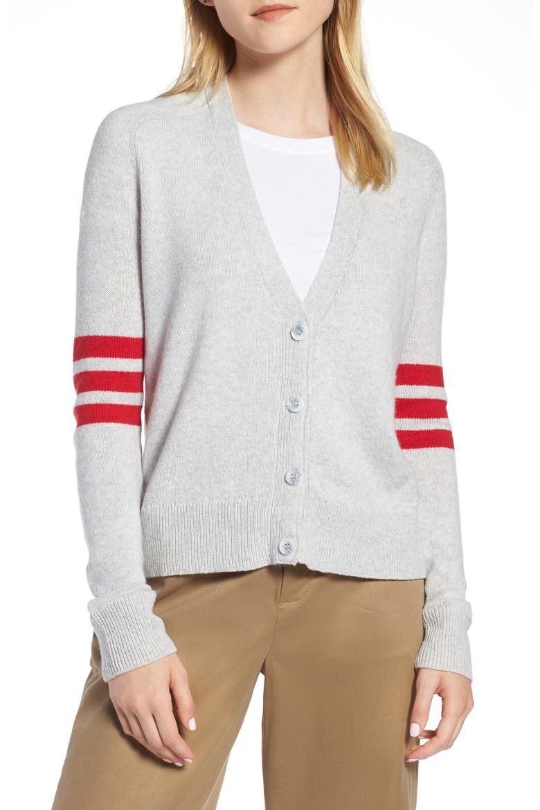 Preppy V-Neck Cardigan, Main, color, GREY- RED COMBO