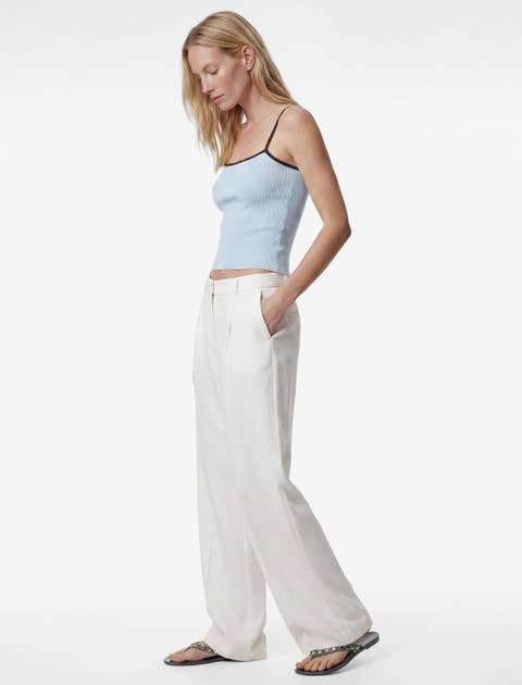 Linen Blend Pleated Tailored Wide Leg Pants