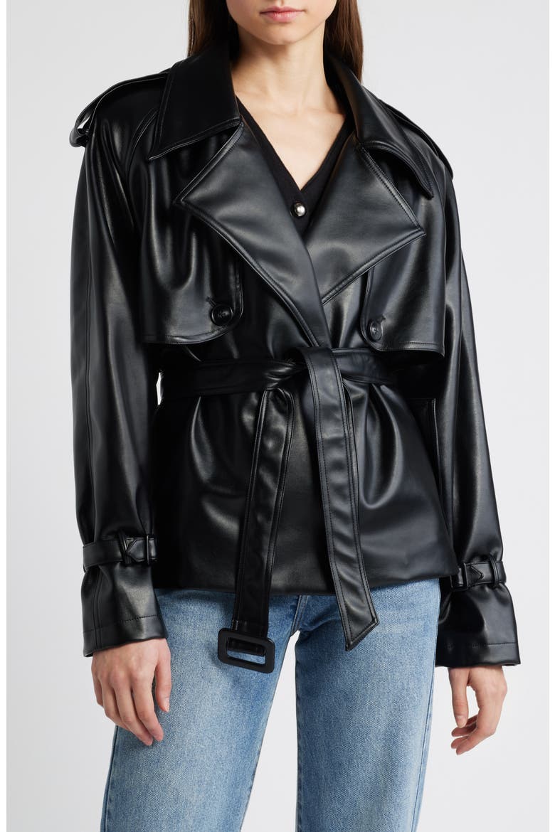 Tie Waist Faux Leather Trench Coat, Main, color, BLACK
