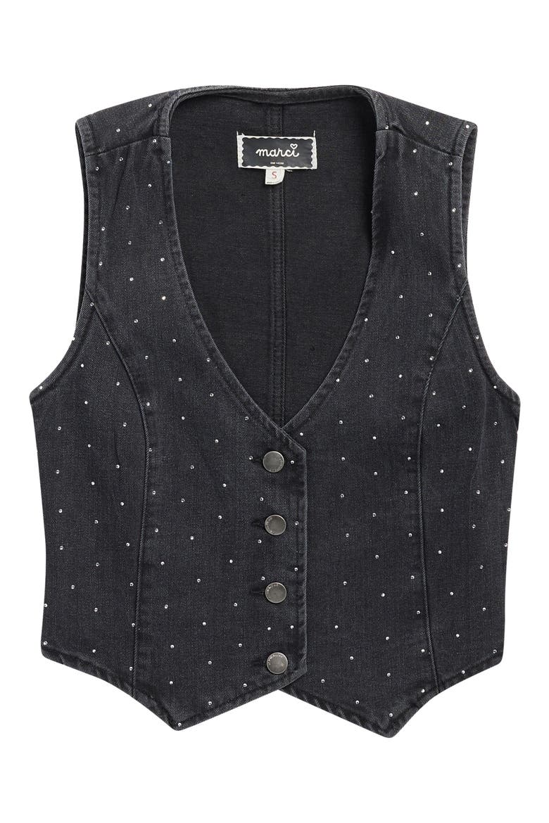 Kids' Crystal Embellished Denim Button-Up Vest, Main, color, BLACK