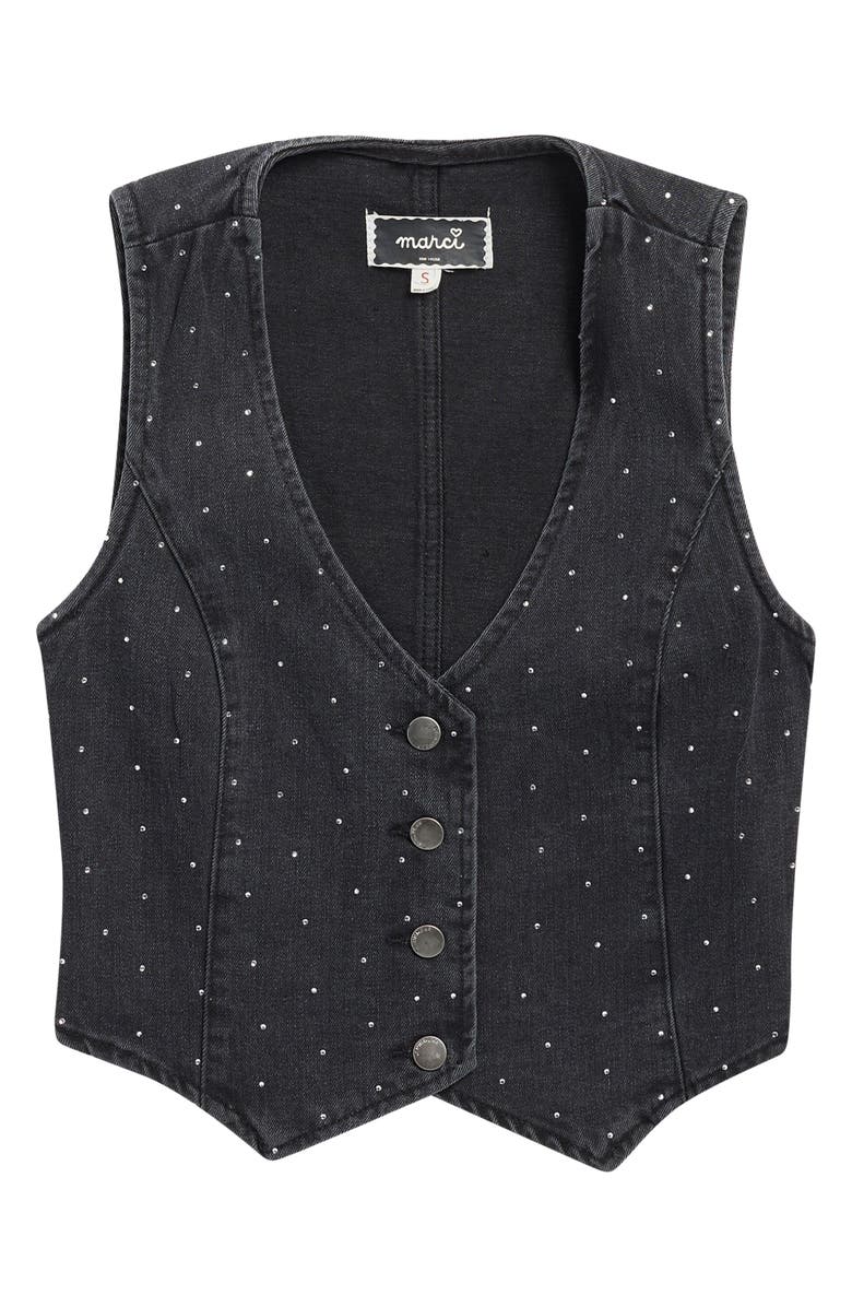 Marci Kids' Crystal Embellished Denim Button-Up Vest, Main, color, Black