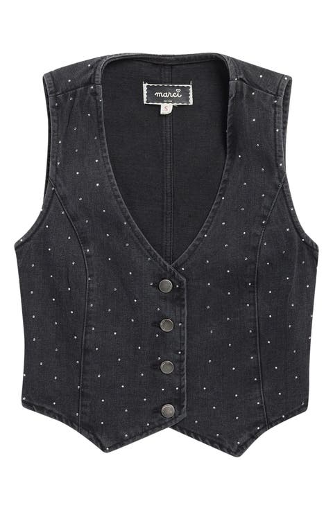 Kids' Crystal Embellished Denim Button-Up Vest (Big Kid)