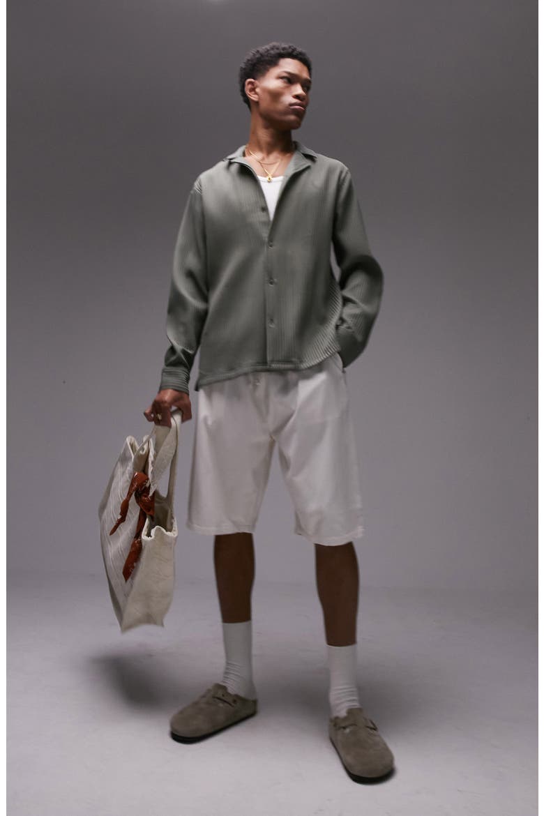 Plissé Button-Up Shirt, Alternate, color, KHAKI