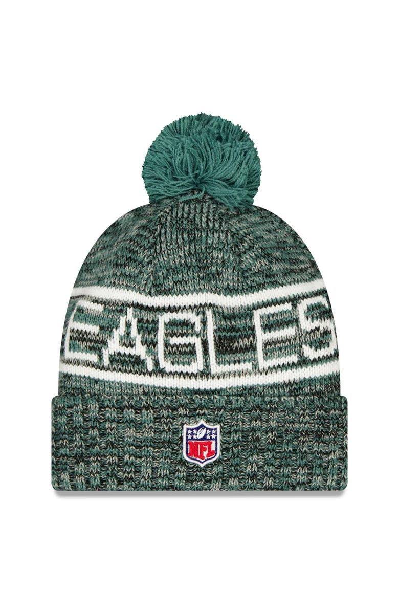 New Era Men's New Era Midnight Green Philadelphia Eagles 2025 Sideline Cold Weather Cuffed Knit Hat with Pom, Alternate, color, Green