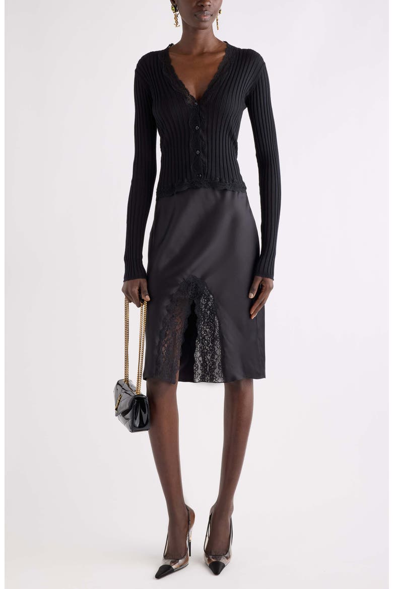 Rib Cardigan with Lace Trim, Alternate, color, NOIR