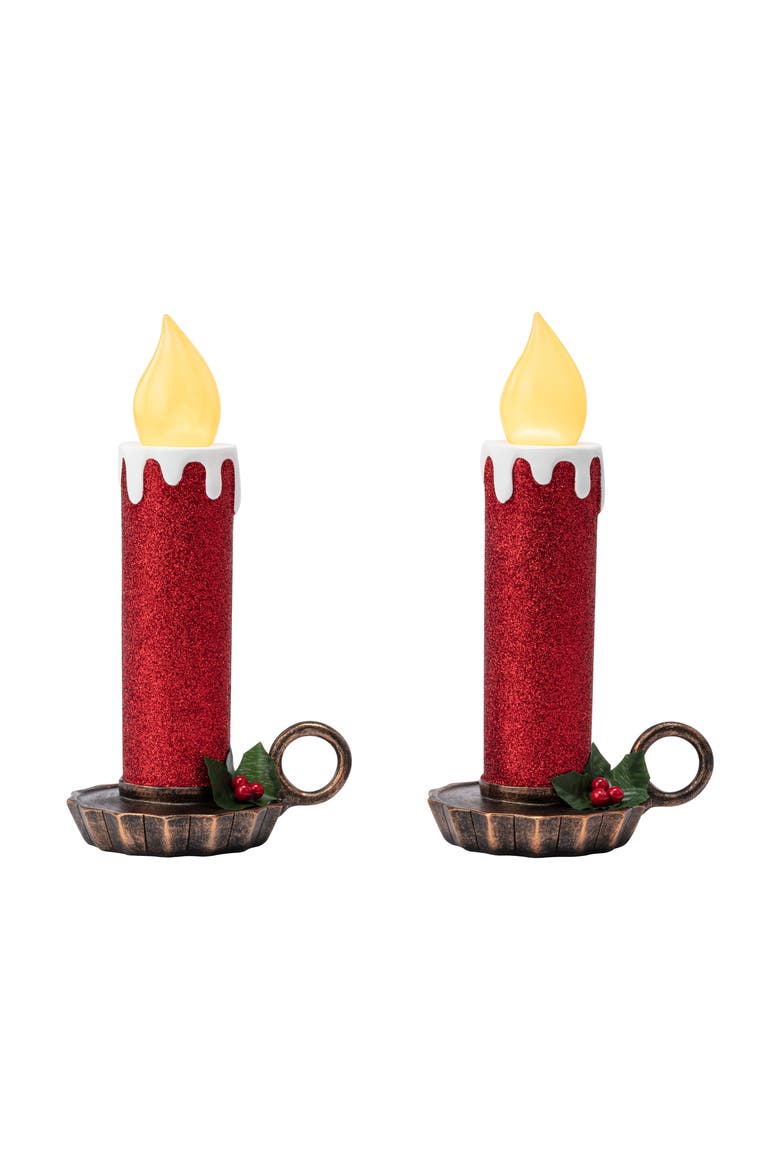 10 in. Set of 2 Flickering LED Striped Candles, Main, color, Red