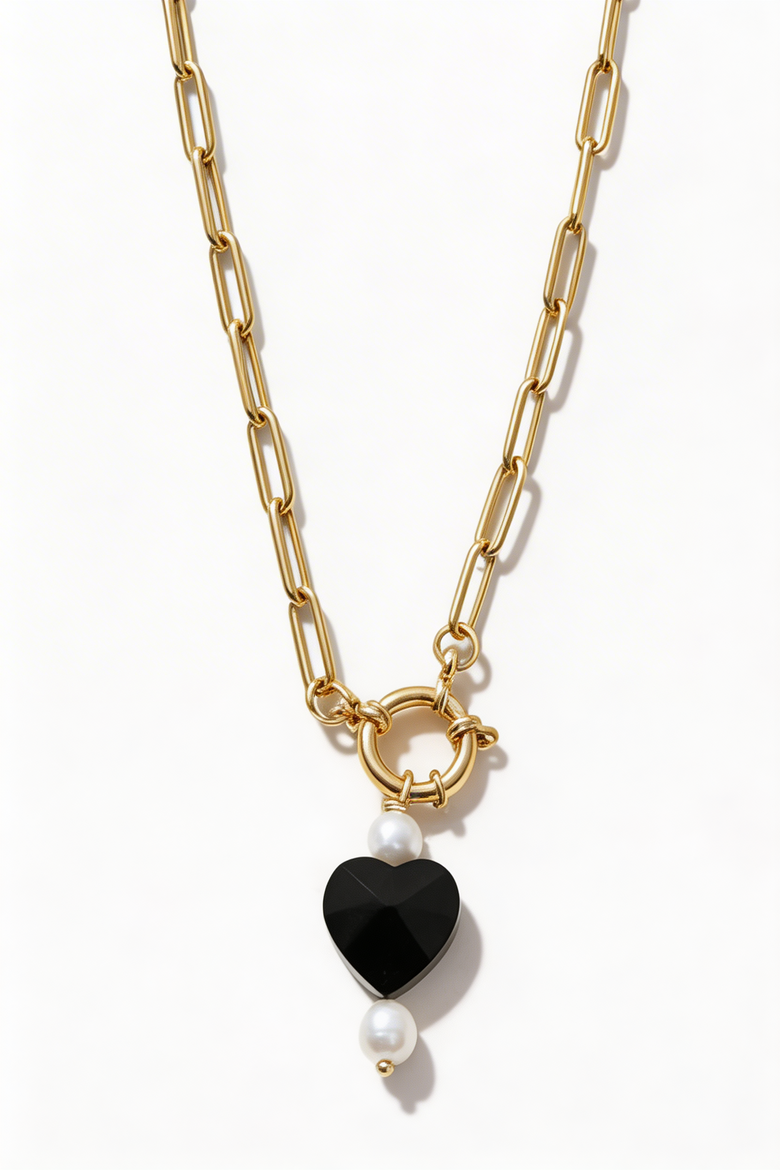Paperclip Chain Necklace with Black Heart Pendant, Main, color, Metallic Gold