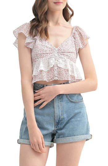 Lush Lace Contrast Ruffle Sleeve Top In Cream Red