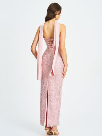 Raizel Beaded Sequin Bodycon Gown with Scarf