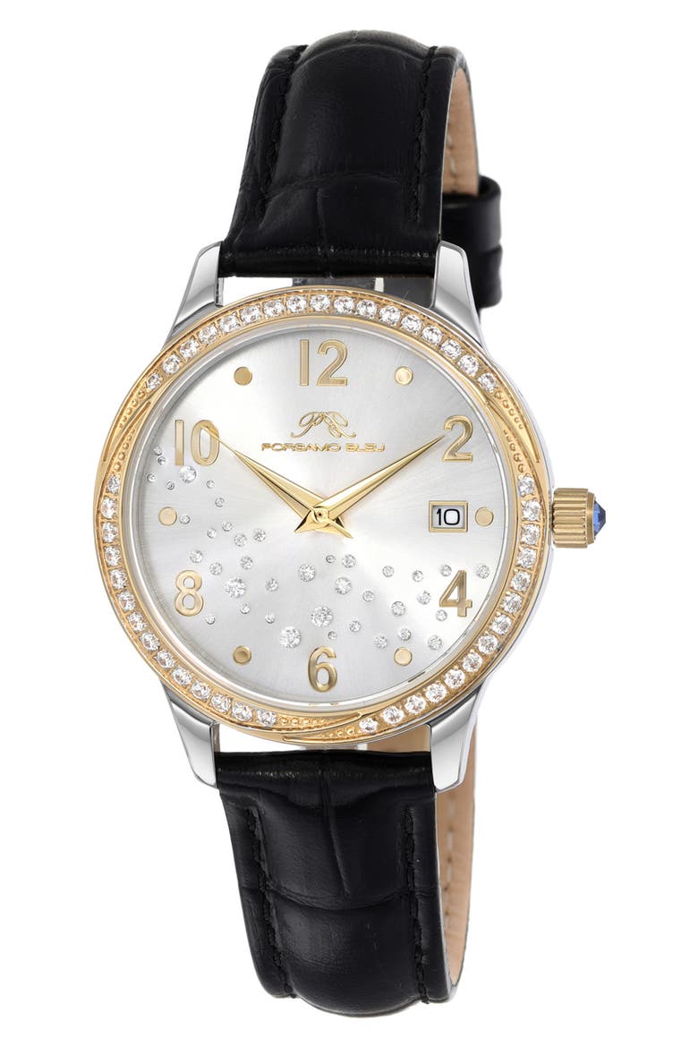 Ruby Sunray Croc Embossed Leather Strap Watch, 34mm, Main, color, SILVER/BLACK/GOLD