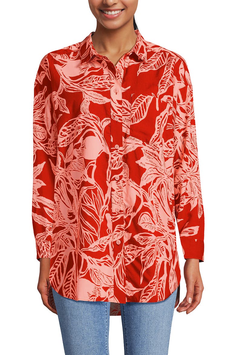 Women's Plus Size Cotton Voile Billowy Oversized Shirt, Main, color, Mandarin Orange Etched Leaves