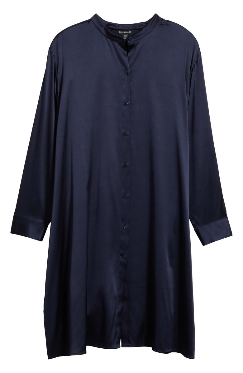 Eileen Fisher Band Collar Longline Stretch Silk Button-Up Shirt, Alternate, color,