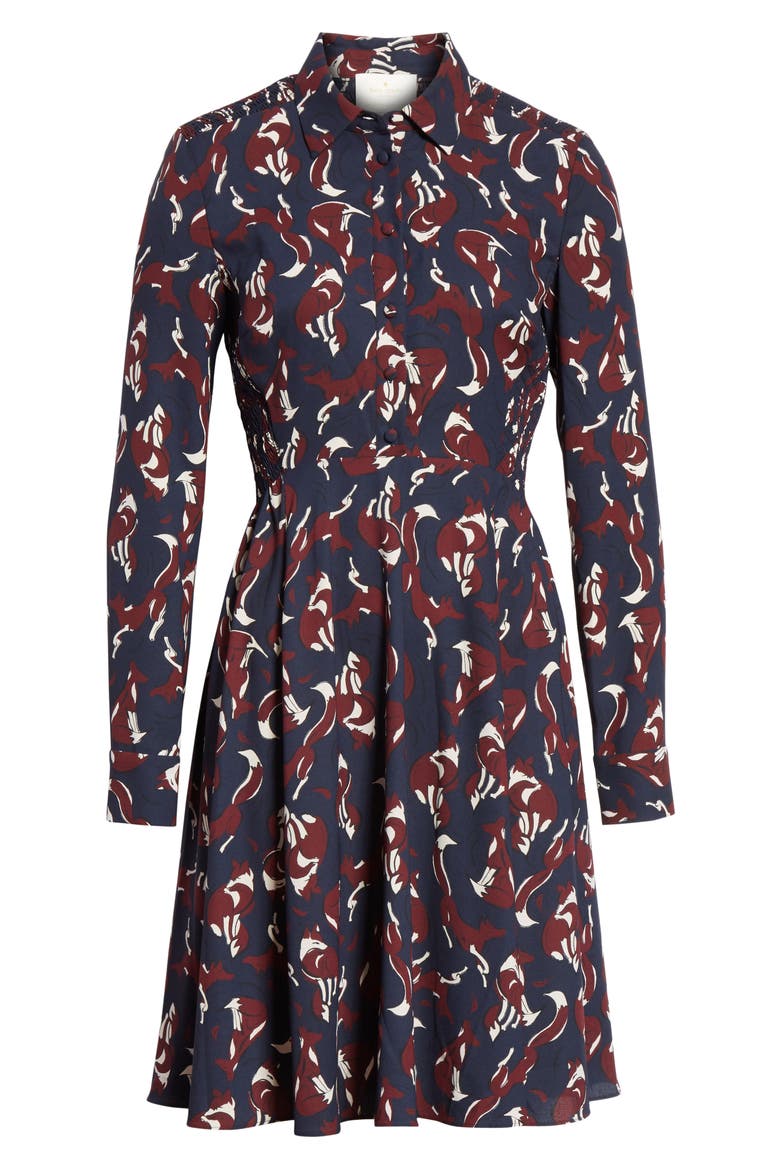 kate spade new york foxes smocked shirtdress, Alternate, color, VOYAGE BLUE