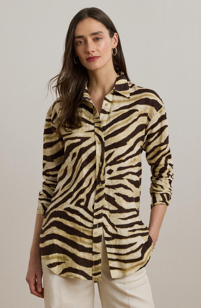 Lauren Ralph Lauren Zebra Stripe Relaxed Fit Linen Button-Up Shirt, Alternate, color, Cream/ Brown