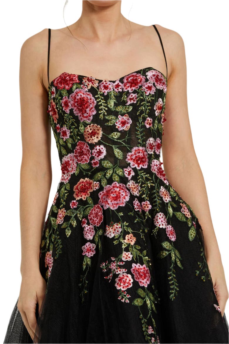 Bustier Embroidered Floral A-Line Dress, Alternate, color, Black Multi