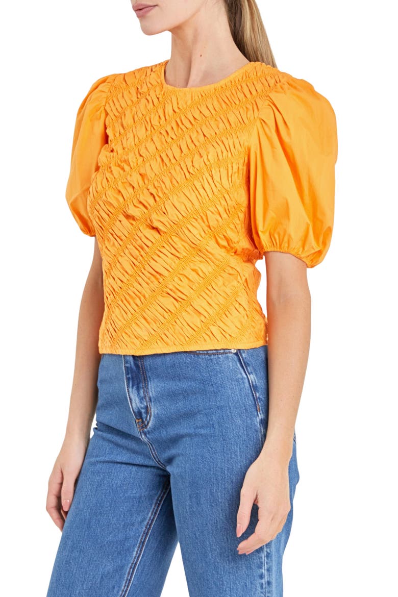Asymmetric Shirred Puff Sleeve Top, Alternate, color, ORANGE