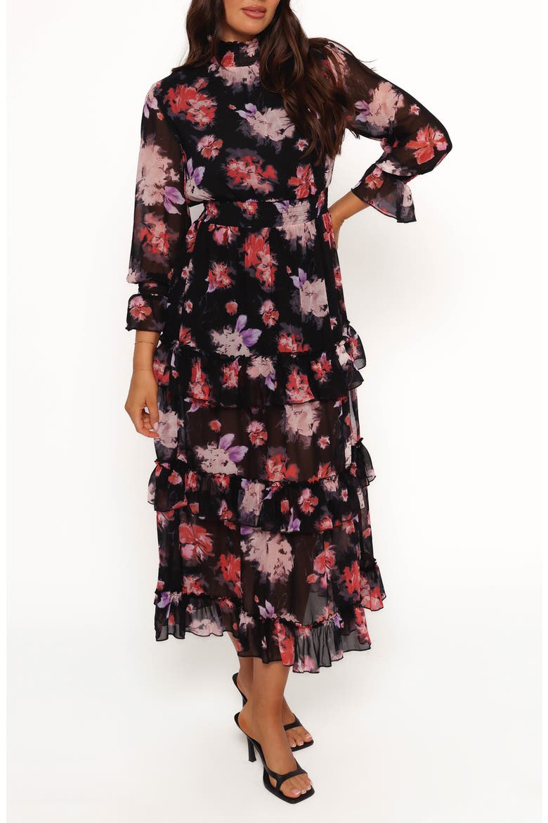 Isadora Floral Print Ruffle Long Sleeve Maxi Dress, Main, color, BLACK BLURRED FLORAL