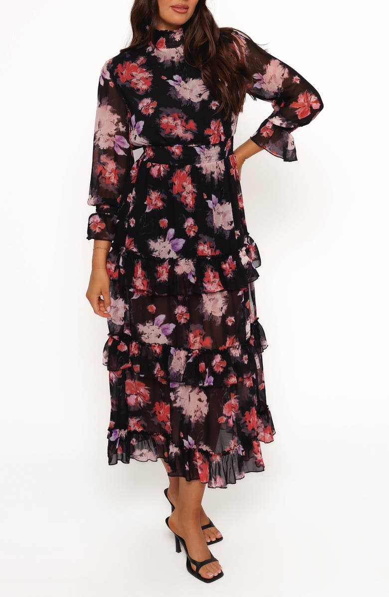 Petal & Pup Isadora Floral Print Ruffle Long Sleeve Maxi Dress, Main, color, Black Blurred Floral