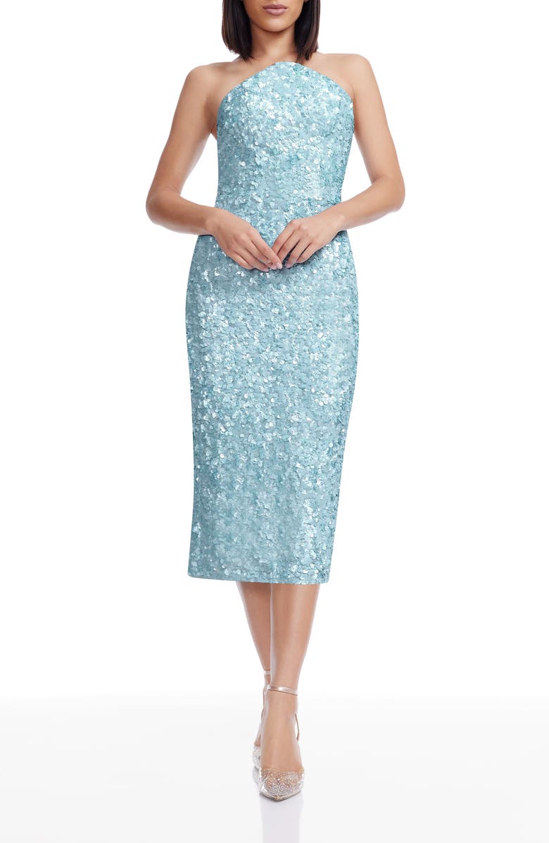 Dress the Population Etta Sequin Strapless Cocktail Sheath Dress, Main, color, Sky