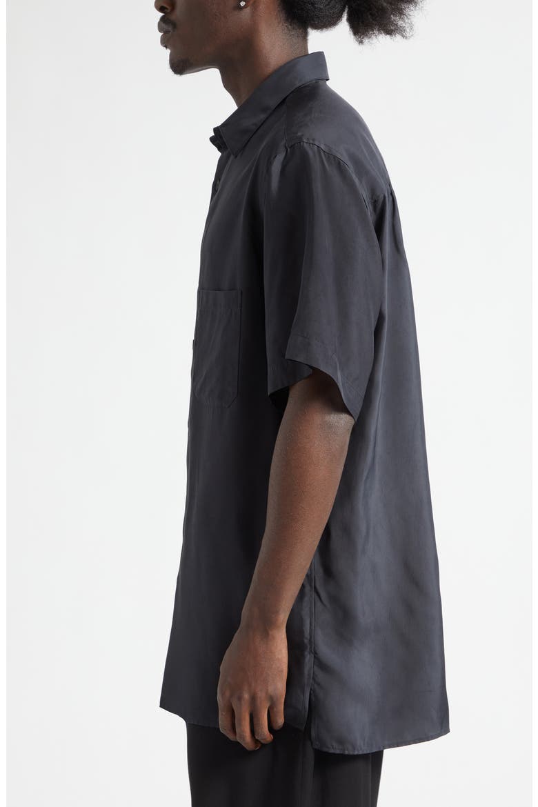 Big Short Sleeve Cupro Taffeta Button-Up Shirt, Alternate, color, BLACK