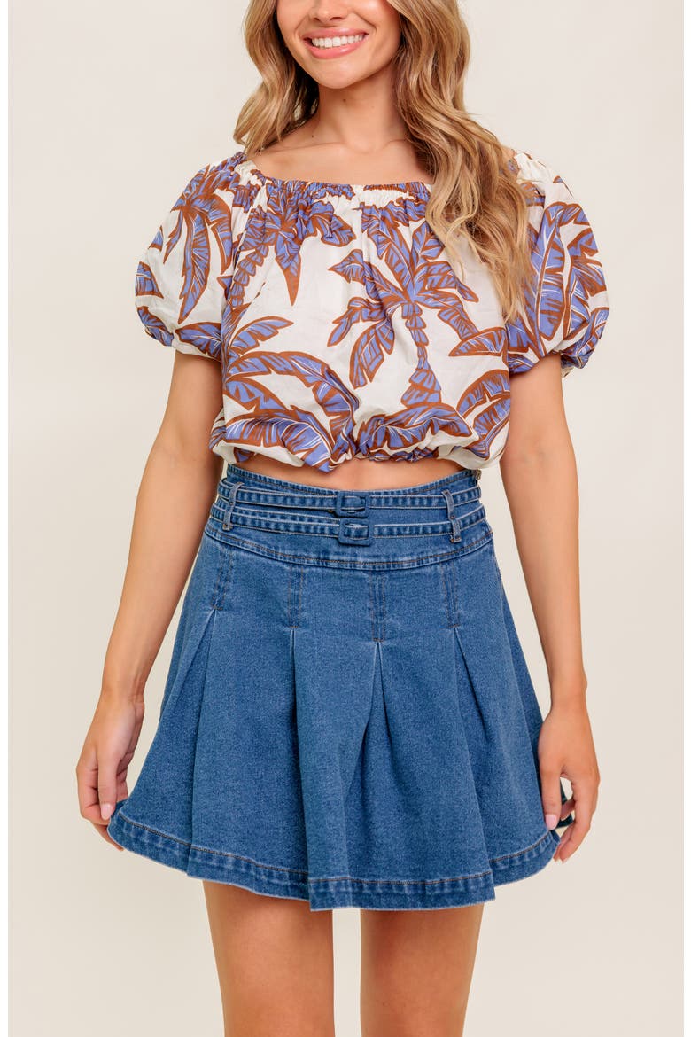 Puff Sleeve Woven Top, Alternate, color, WHITE/ BLUE