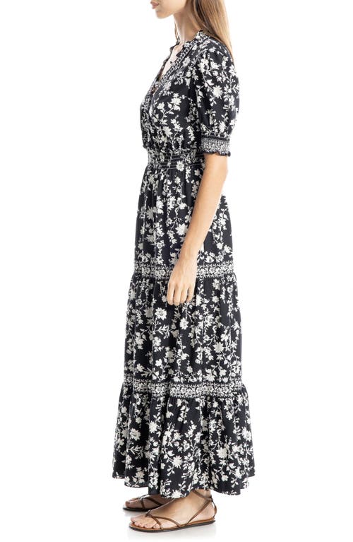 Max Studio Floral Short Sleeve Tiered Maxi Dress In Blk/ivry Slhtt Vine
