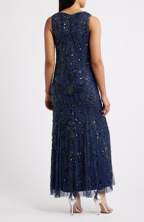 Pisarro Nights Beaded Sleeveless Gown In Blue