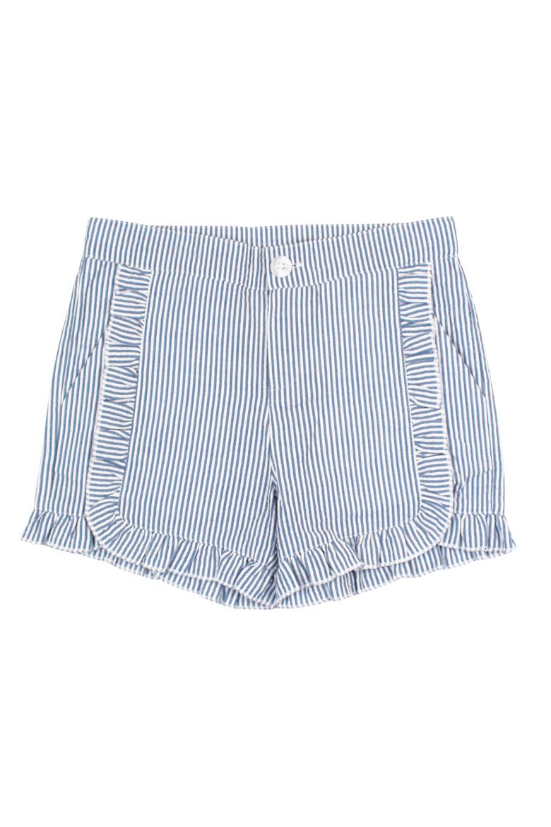Girls Seersucker Ruffle Trim Woven Shorts, Main, color, Classic Blue Seersucker