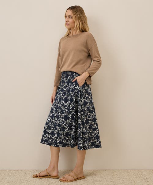 Pact Organic Cotton Fit & Flare Midi Skirt In Bouquet Blooms Midnight Blue
