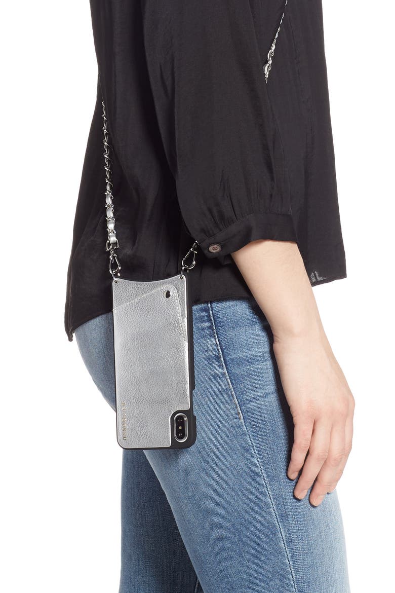 Sarah Leather iPhone 8/8 Plus/X/Xs/Xs Max & XR Crossbody Case, Alternate, color, SILVER/ SILVER