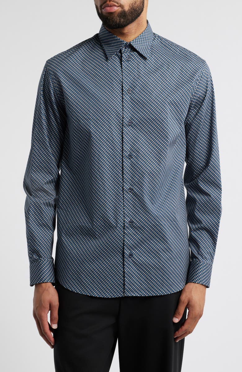 Emporio Armani Microprint Cotton Stretch Poplin Button-Up Shirt, Main, color, 
