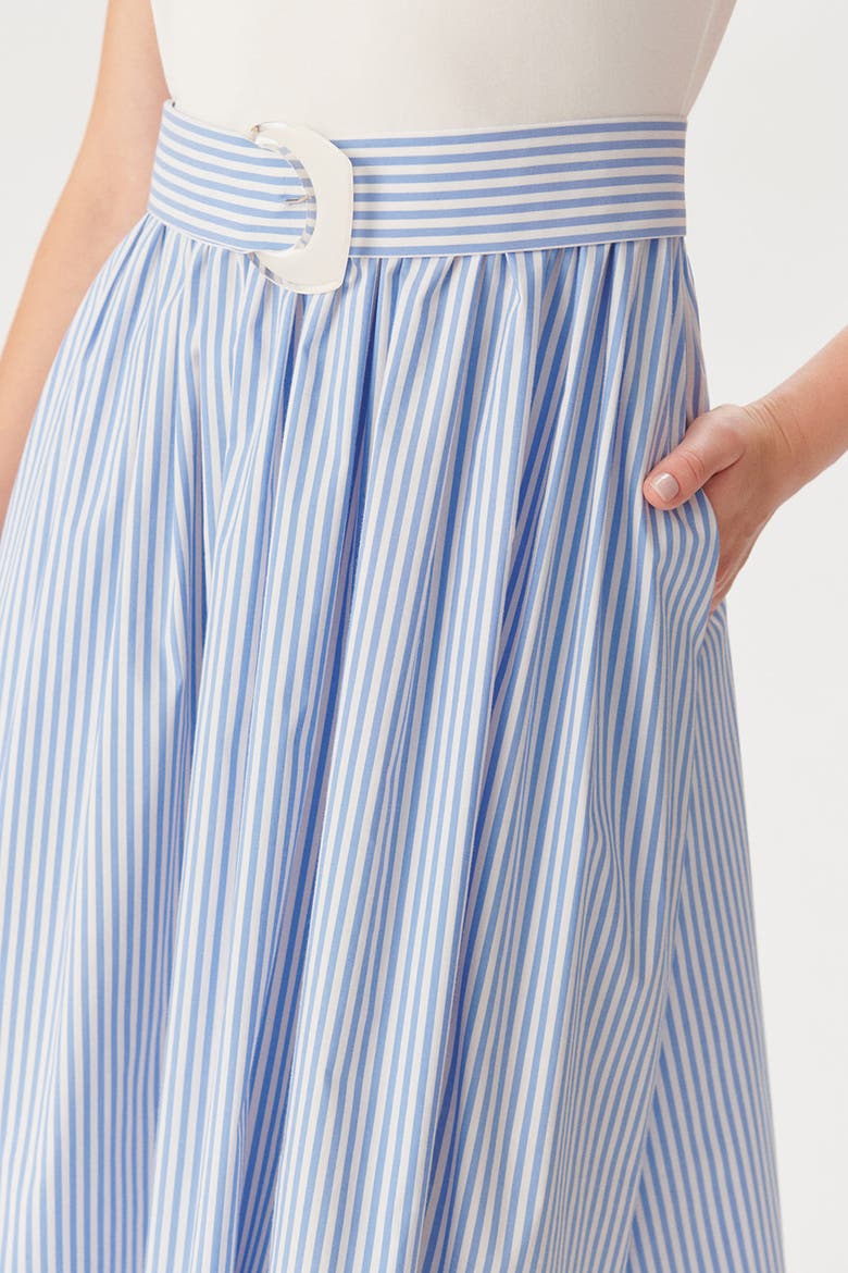 Harper Striped Midi K.Dress With Waist Buckle Detail, Alternate, color, BLUE-WHITE