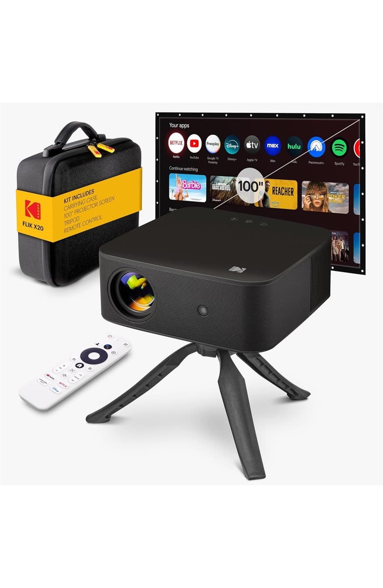 Kodak Flik X20 Full HD Smart Projector Kit with 100" Screen, Tripod, Remote, Wi-Fi, EVA Case, Main, color, Black