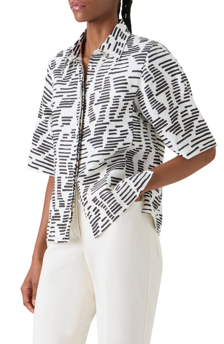 Akris Dance Movements Print Linen Button-Up Shirt, Alternate, color, Ecru-Black