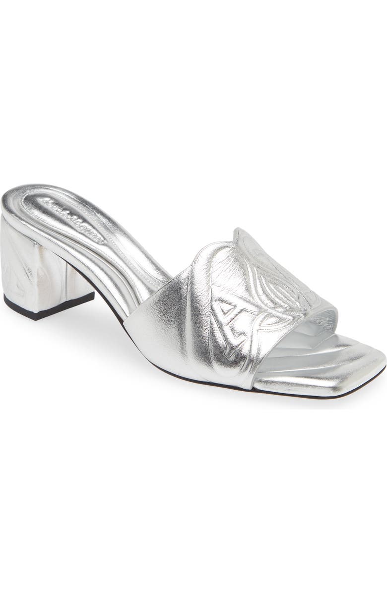 McQueen Seal Slide Sandal, Main, color, Silver