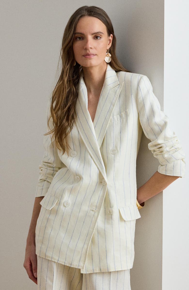 Lauren Ralph Lauren Stripe Double Breasted Linen Blazer, Alternate, color, White/ Blue Multi