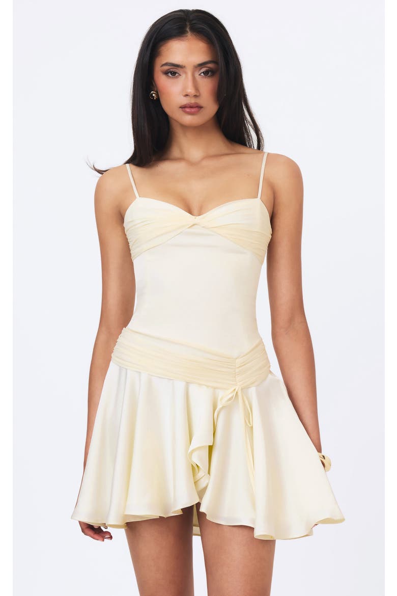 Yvonne Satin Asymmetrical Ruched Mini Dress, Main, color, Ivory