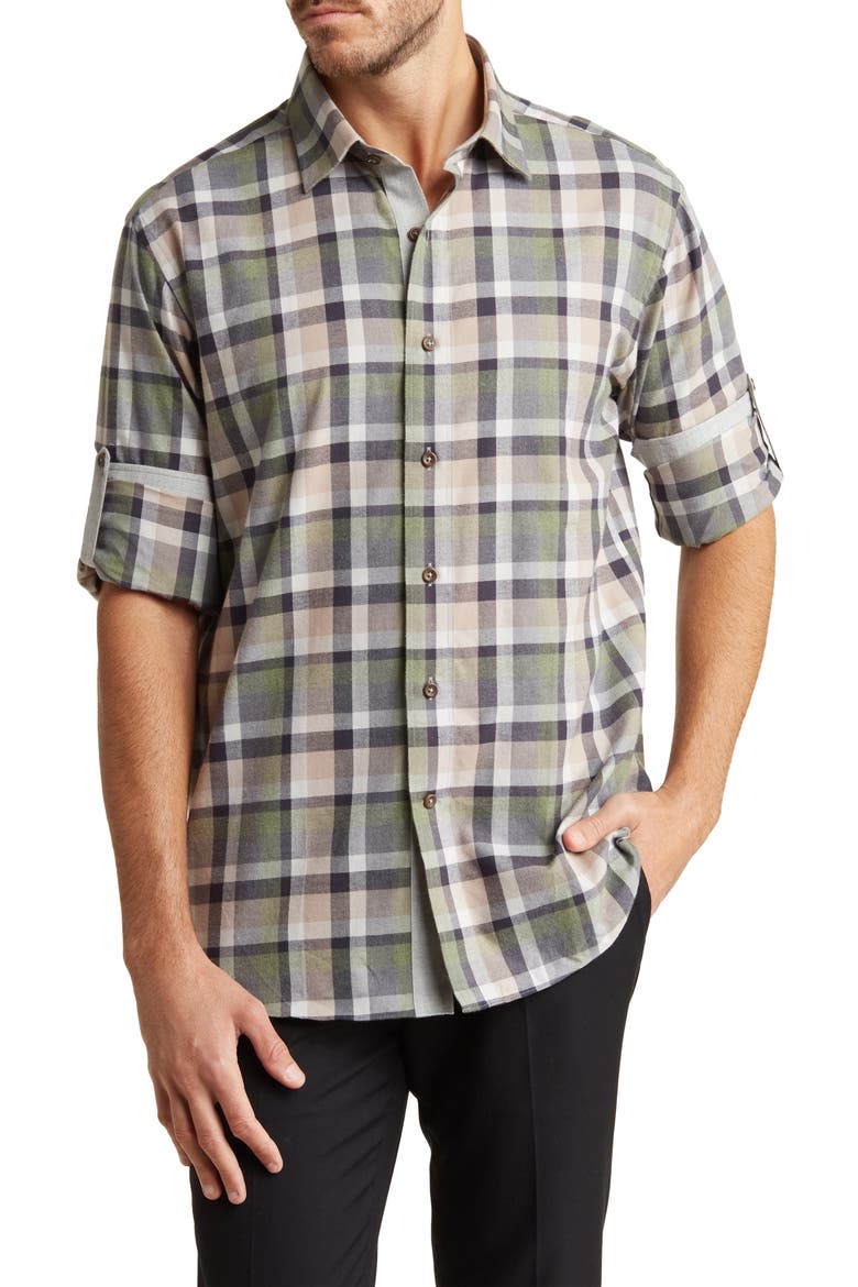 Check Print Trim Fit Long Sleeve Cotton Flannel Button-Up Shirt, Main, color, TAN/ HUNTER