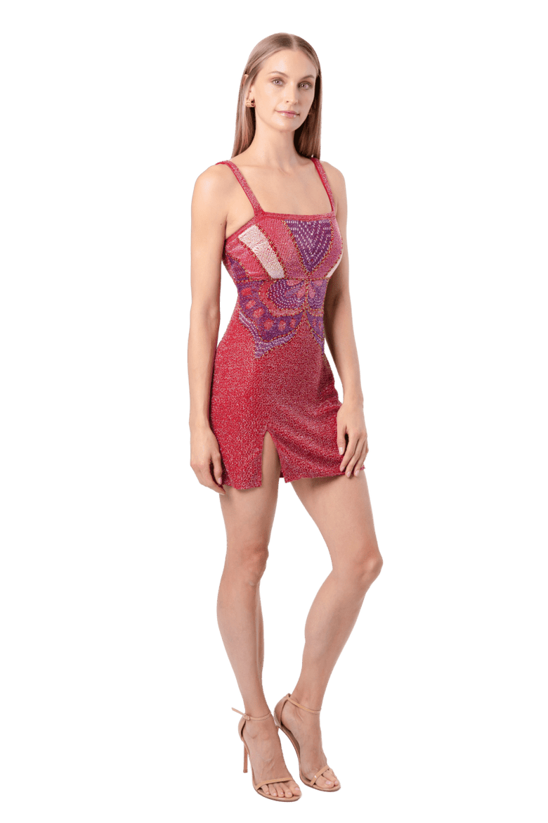Butterfly Hand Beaded Embellished Mini Dress, Alternate, color, Red