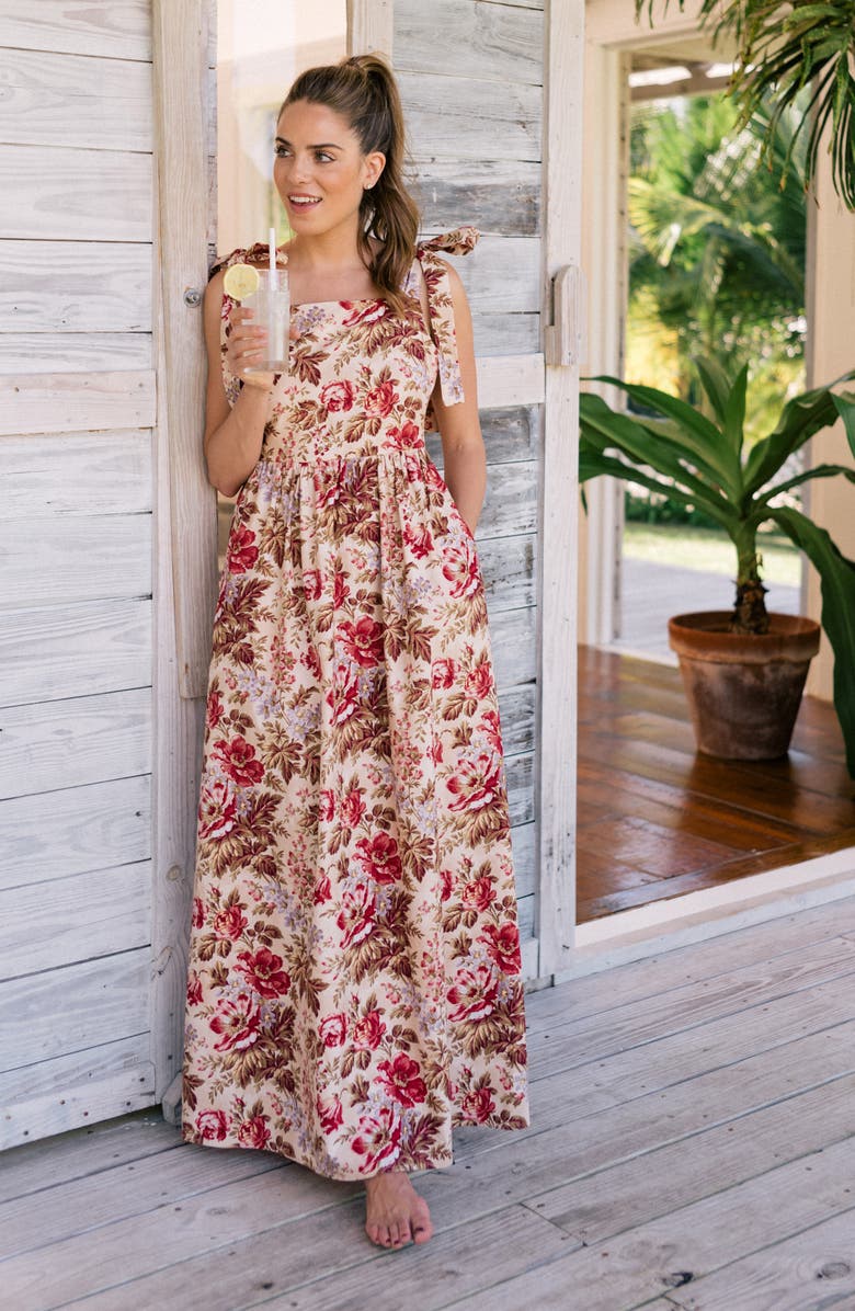 Gal Meets Glam Collection Floral Print Tie Shoulder Cotton Maxi Dress, Alternate, color, 
