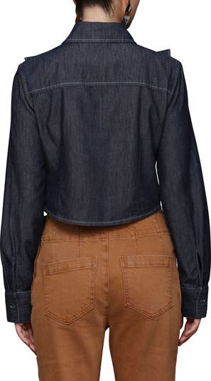 Ruffle Yoke Denim Button-Up Shirt